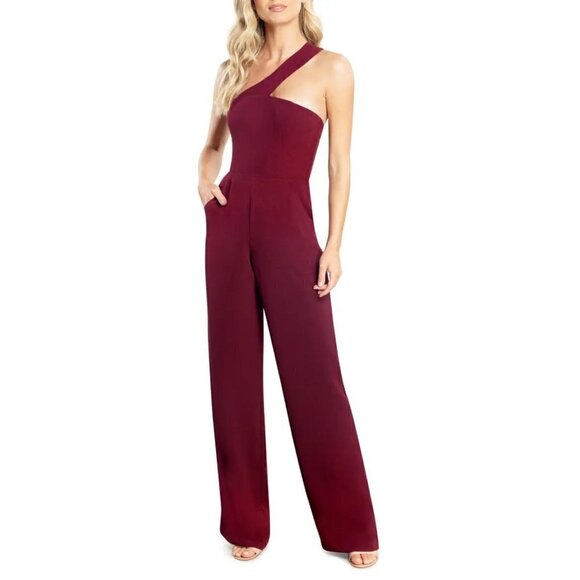 Dress the Population Pants - Dress The Population Filippa One-Shoulder Jumpsuit Size-X-Small-Color Burgundy
